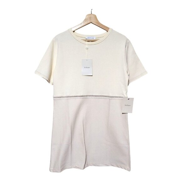 Böhme Womens L Cream Two-Tone Short Sleeve Dress With Lace Trim Detail New - Picture 1 of 9